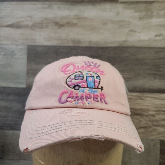 Queen Of The Camper Embroidered Distressed Baseball Cap Vintage Style Pink Hat - Picture 9 of 11